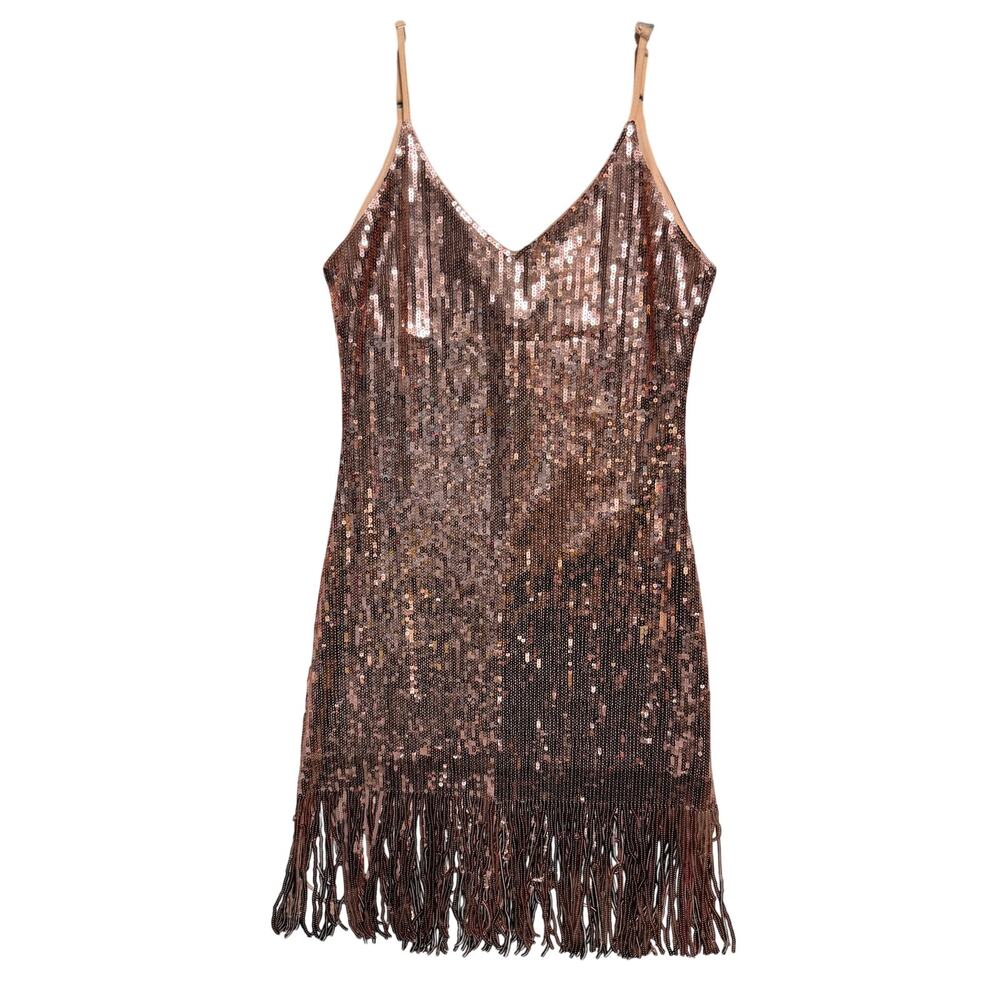 Yessa Sequin‎ Fringe Dress M Rose Gold Spaghetti Strap Party Cocktail Flapper